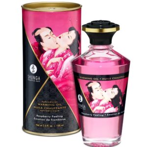 Flaska av värmande massageolja Aphrodisiac Intense Raspberry, 100 ml