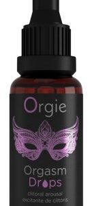 Glasflaska innehållande Orgasm Drops värmande stimuleringsolja 30 ml