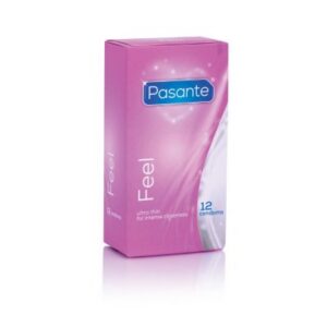 Pasante Feel tunna kondomer 12-pack med neutral färg och glidmedel