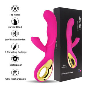 Thrusting rabbitvibrator med böjd G-punktsspets och klitorisstimulans-arm