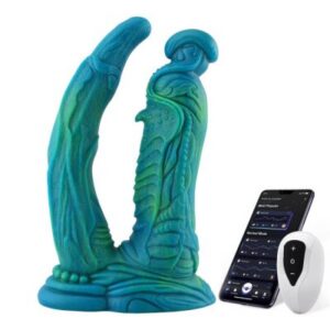 Wildolo Dubbeldildo av silikon med fjärrkontroll, grön och blå variant